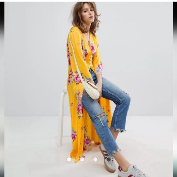 Free People Alexa yellow floral duster jacket in maxi length size XS - Picture 2 of 10